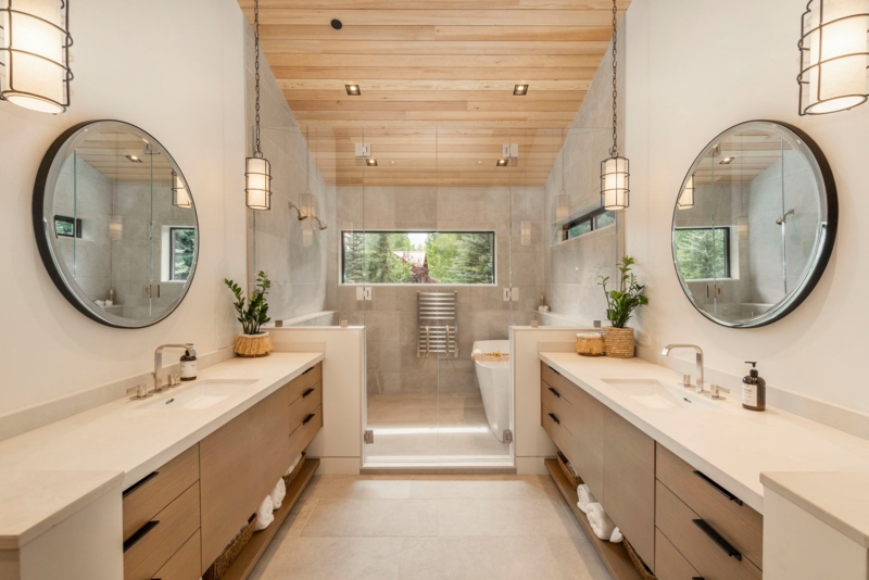 Organic Spa Master Bathroom with Wood Slat Ceiling & Wet Room