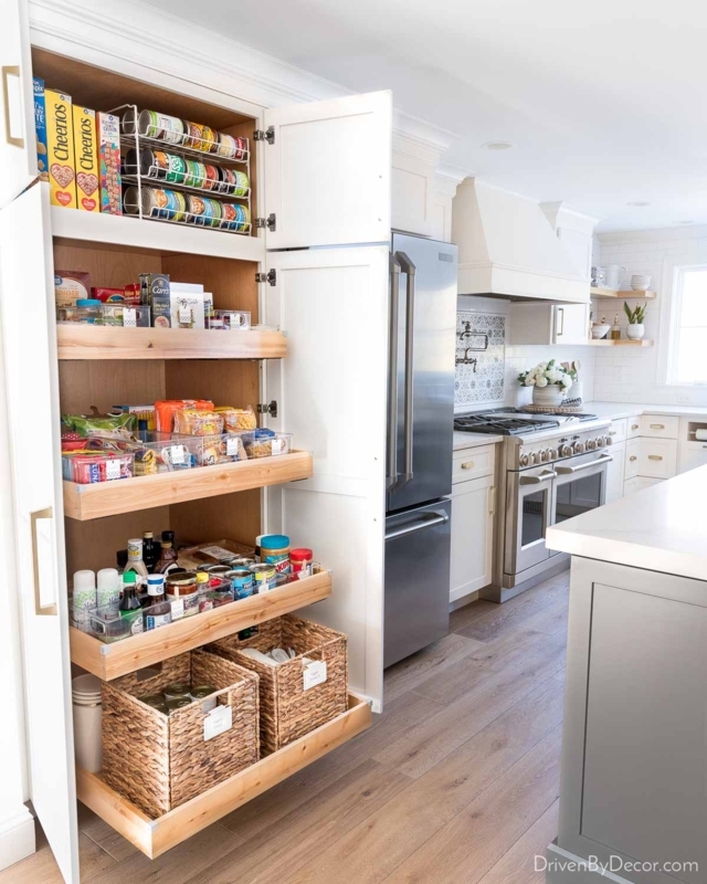 Organized Pull Out Kitchen Pantry in White Shaker Cabinetry