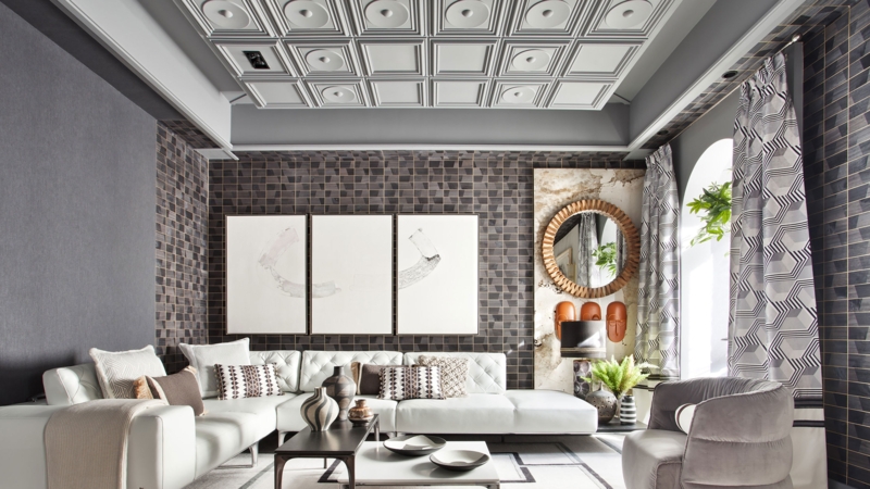 Ornate Coffered Ceiling Design Textured Charcoal Wall