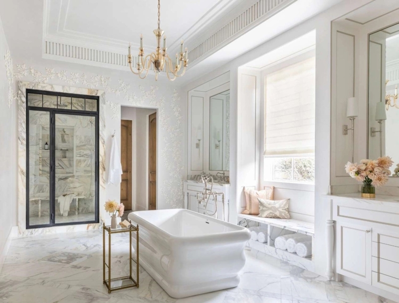 Ornate Coffered Ceiling in Luxury Marble Bathroom