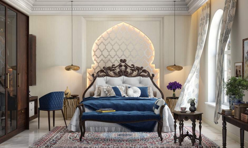 Ornate Dark Wood Bed with Backlit Arched Wall Niche
