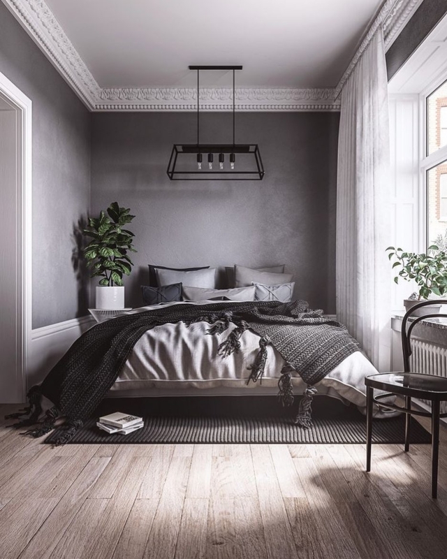 Ornate Molding Bed with Black Cage Pendant Light