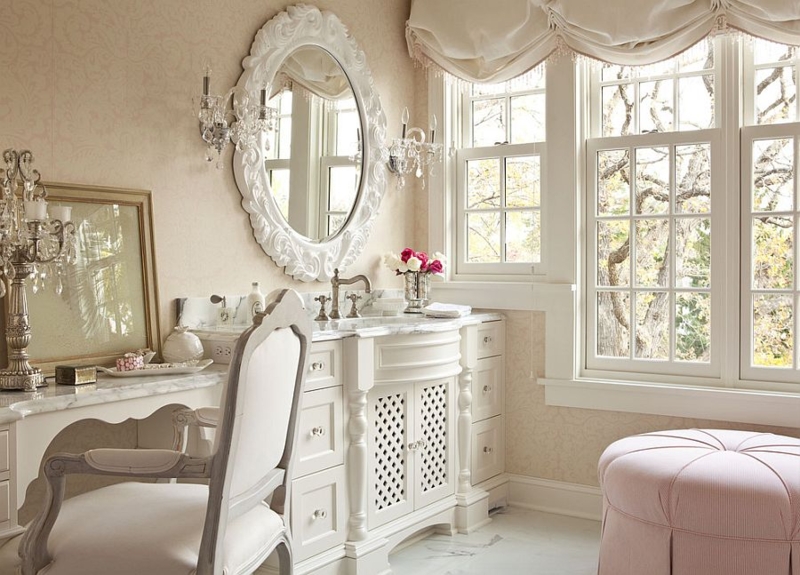 Ornate White Vanity Mirror with Lattice Cabinet Panels
