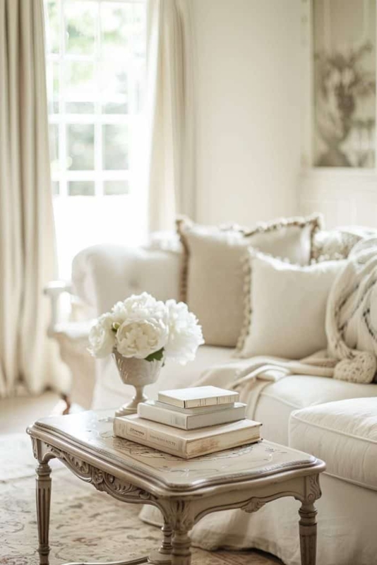 Ornate Wood Coffee Table Styling in Monochromatic French Country Room