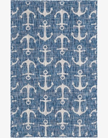 Outdoor Area Rug Anchor Motif Nautical Style Navy Blue Deck Mat