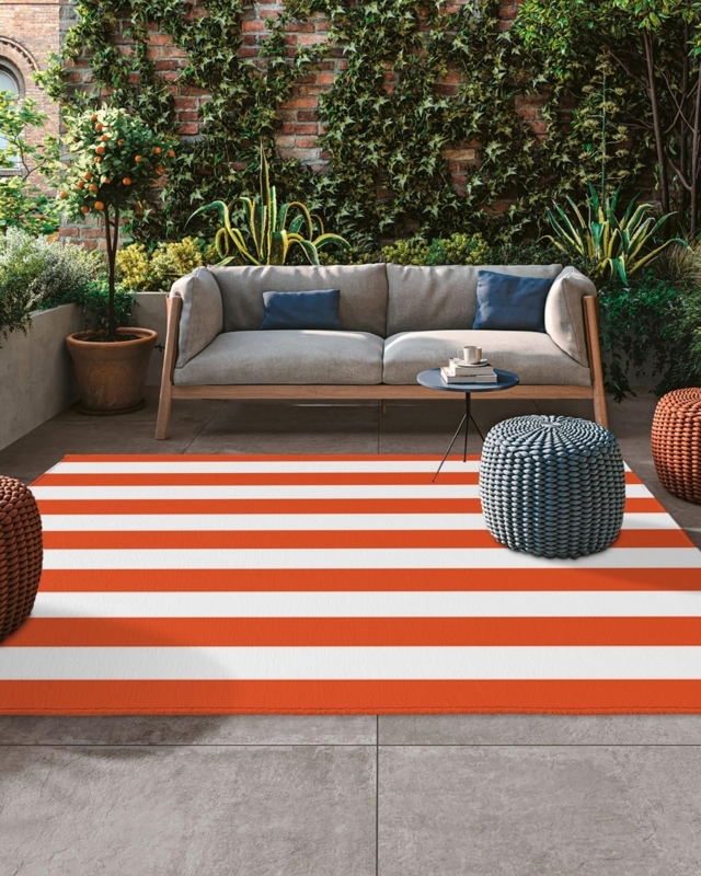 Outdoor Area Rug Bold Orange Striped Modern Patio