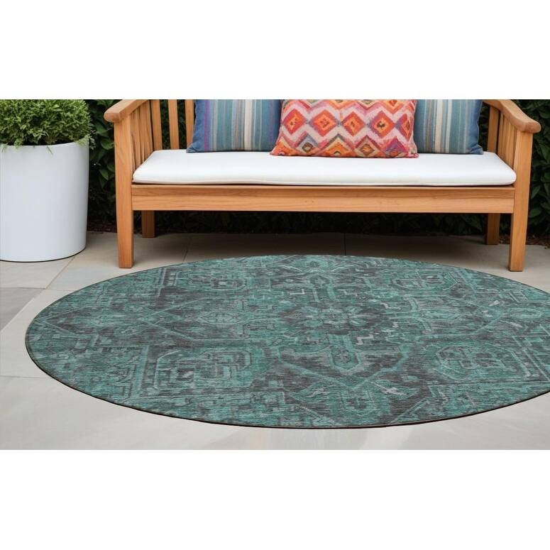 Outdoor Area Rug Charcoal Distressed Heritage Pattern Patio