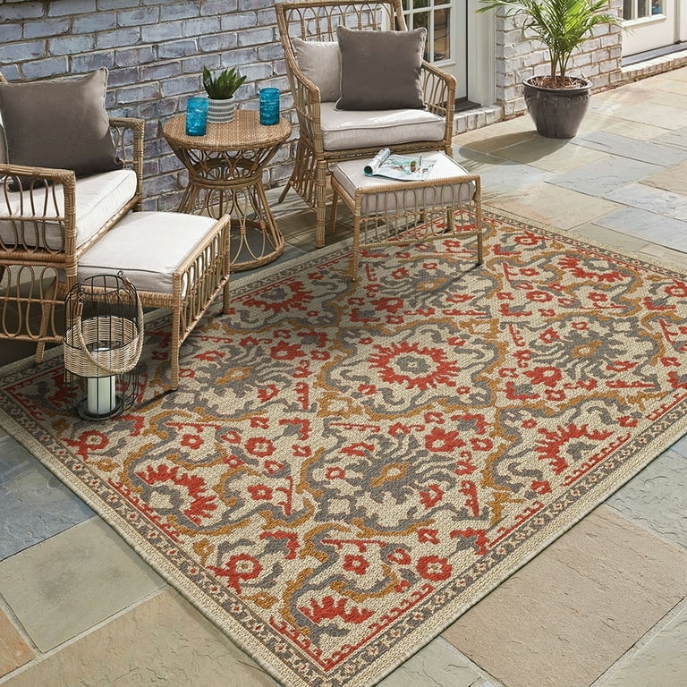 Outdoor Area Rug Geometric Border Flat Weave Modern Patio Style
