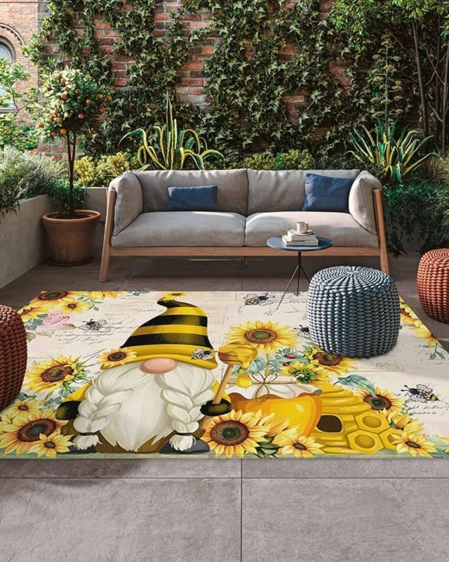 Outdoor Area Rug Gnome Motif Sunflower Print Patio Decor