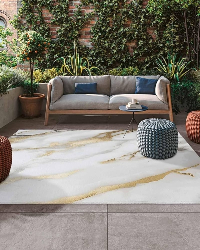Outdoor Area Rug Marble Veining White Base Modern Deck Styling
