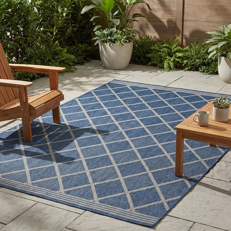 Outdoor Area Rug: Moroccan Lattice Pattern, Weather Resistant, Navy.