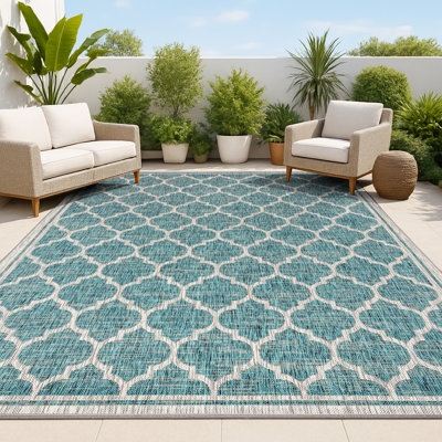 Outdoor Area Rug: Octagonal Shape, Teal Trellis. Octagonal Outdoor Rug Styling.