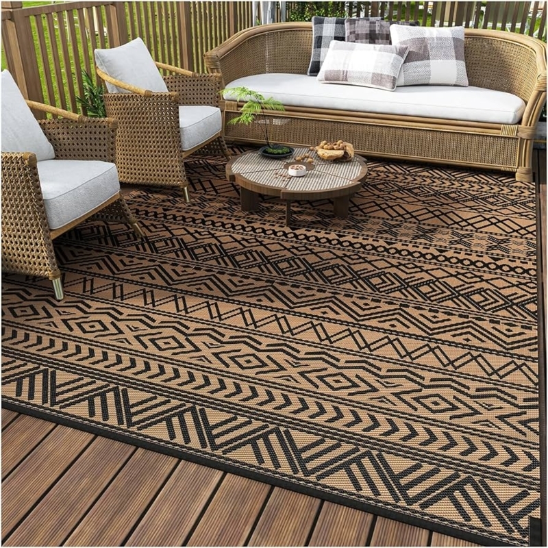 Outdoor Area Rug Reversible Black Geometric Trellis Deck