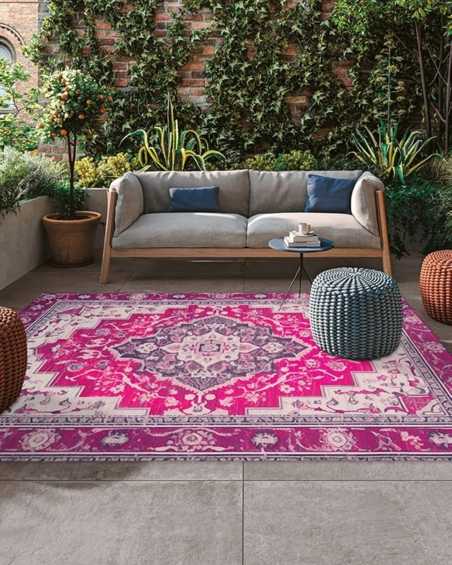 Outdoor Area Rug Reversible Pink Floral Geometric Patio Decor