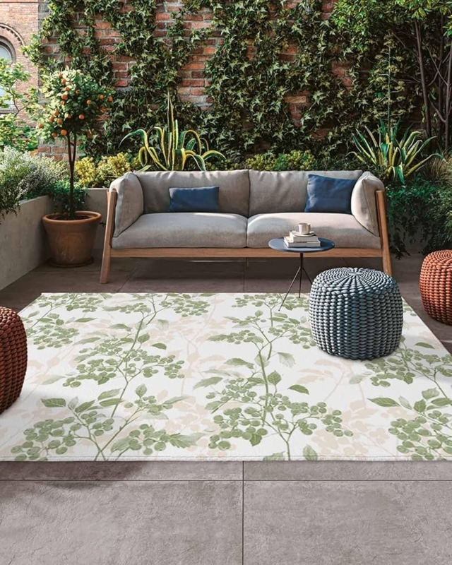 Outdoor Area Rug Sage Green Botanical Leaf Pattern Nature Deck