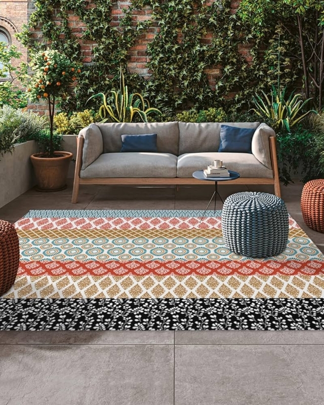 Outdoor Area Rug Terracotta Stripes Bohemian Geometric Patio