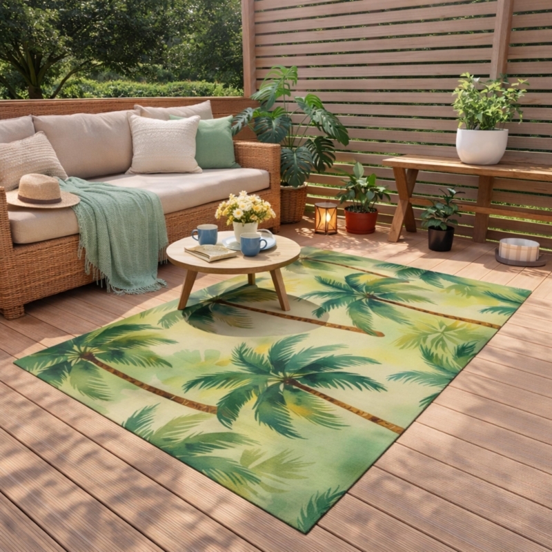 Outdoor Area Rug Tropical Palm Print Woven Texture Ivory