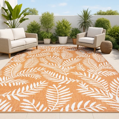 Outdoor Area Rug: Vibrant Orange, Palm Frond. Tropical Palm Frond Outdoor Rug.