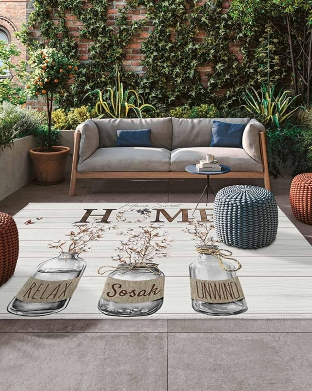 Outdoor Area Rug with Botanical Vase Graphic and Wood Grain Pattern