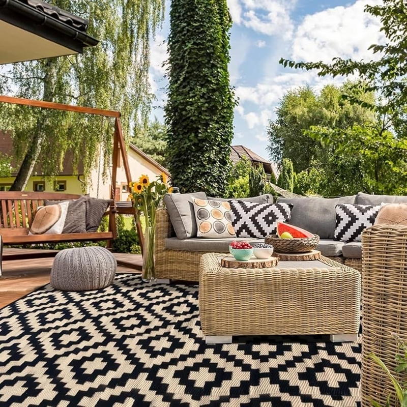Outdoor Area Rug with Oversized Check Pattern in Tan and Black