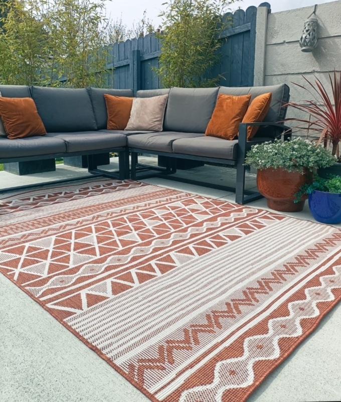 Outdoor Rug Aztec Pattern Fringed Ends White Bohemian Deck Decor