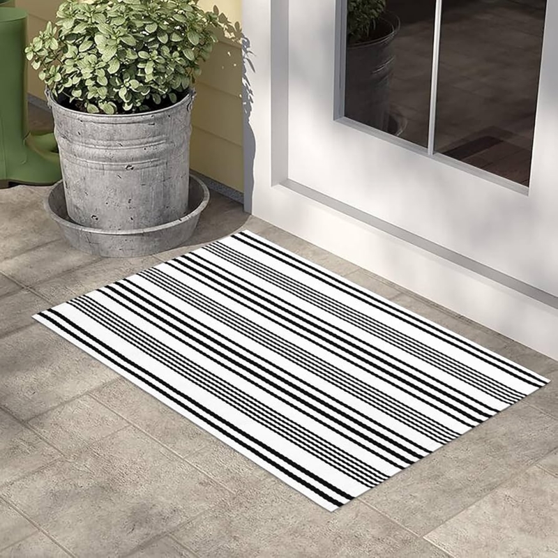 Outdoor Rug: Black High Contrast Stripes for Layered Porch Styling