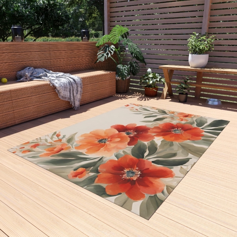 Outdoor Rug Bold Poppy Print Red Orange Bohemian Porch Decor