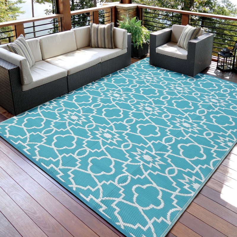 Outdoor Rug: Bold Stripes, Reversible Pattern, Waterproof, Navy.