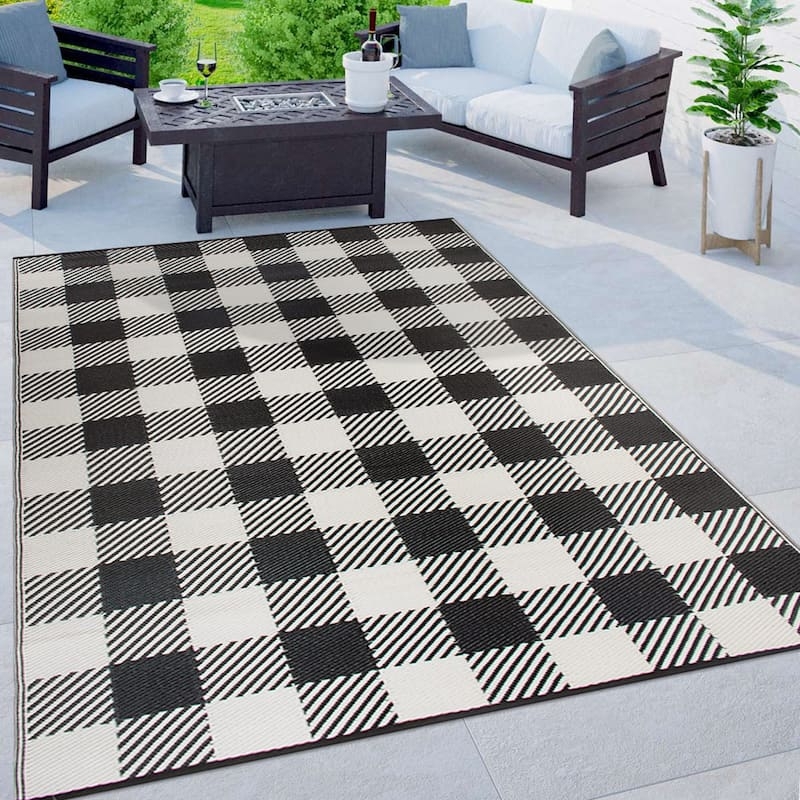 Outdoor Rug Buffalo Plaid Black and White Reversible Large Scale