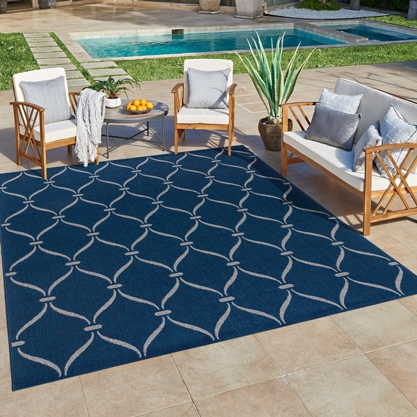 Outdoor Rug Coastal Geometric Trellis Flatwoven for Patio