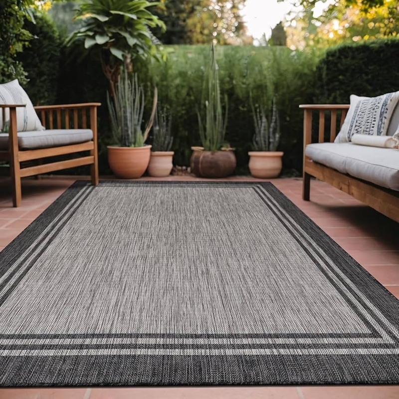 Outdoor Rug Dark Charcoal Bordered Minimalist Design for Deck