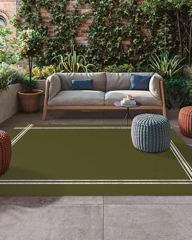 Outdoor Rug Dark Olive Green Solid Tone Low Pile Patio Mat