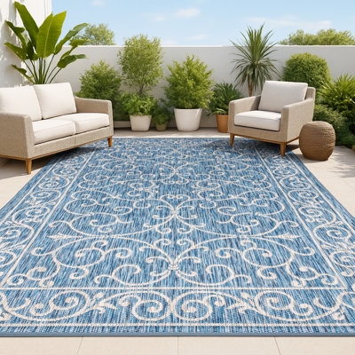 Outdoor Rug: Filigree Pattern, Navy & Gray, Distressed. Navy Outdoor Rug Decor.