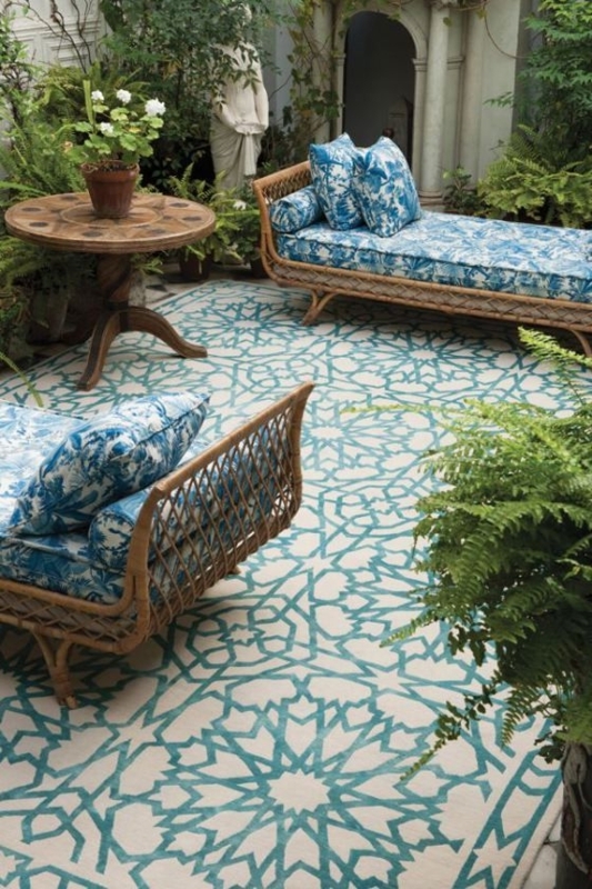 Outdoor Rug: Geometric Diamond with Rattan Chairs and Fire Pit