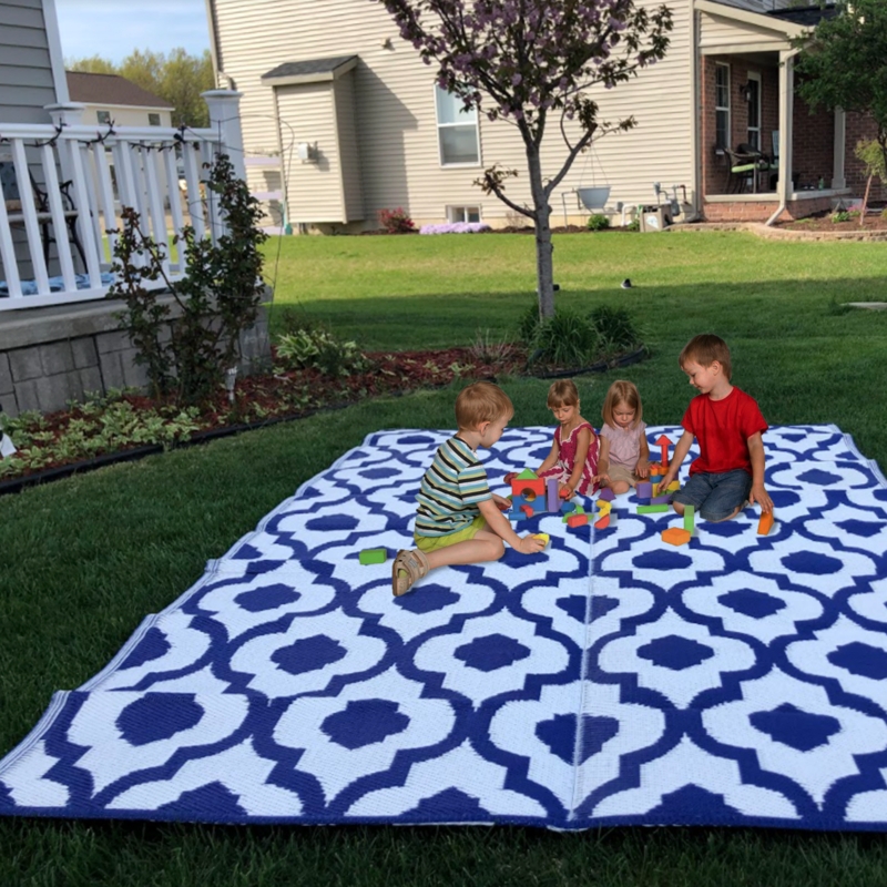 Outdoor Rug Geometric Pattern Navy Blue Large Patio Mat