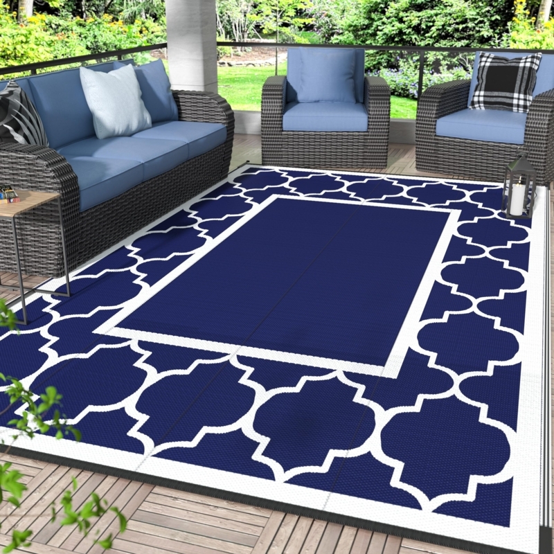 Outdoor Rug Geometric Rhombus Pattern Grey White Reversible Deck