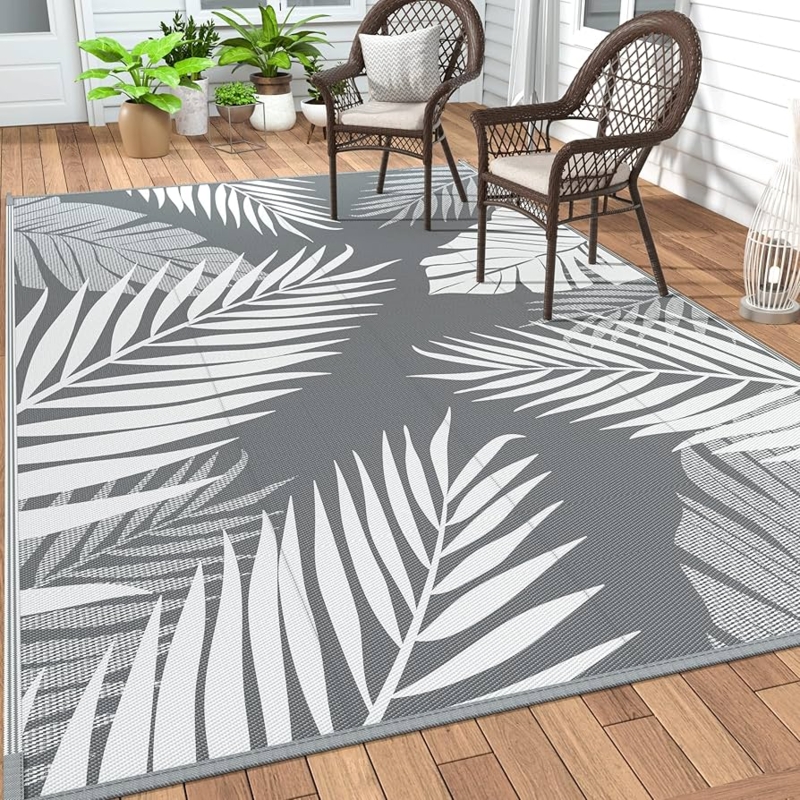 Outdoor Rug Grey White Geometric Trellis Reversible Plastic Mat