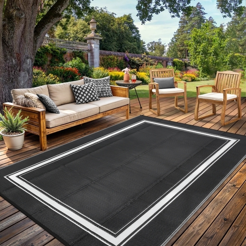 Outdoor Rug High Contrast Border Plastic Straw Reversible