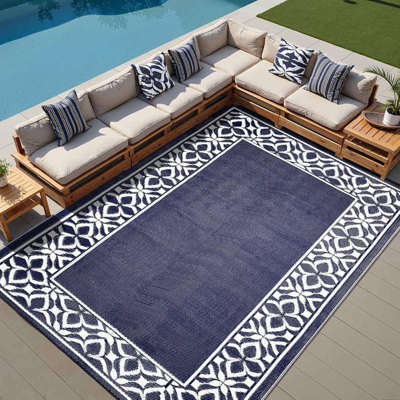 Outdoor Rug High Contrast Geometric Reversible Weave Navy White