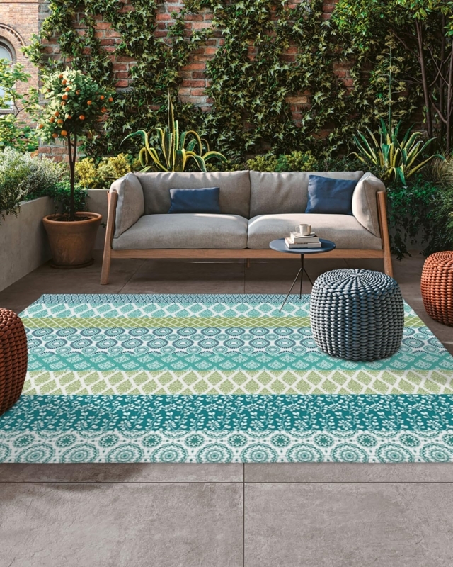 Outdoor Rug in Turquoise Geometric Boho Style for Deck Lounge
