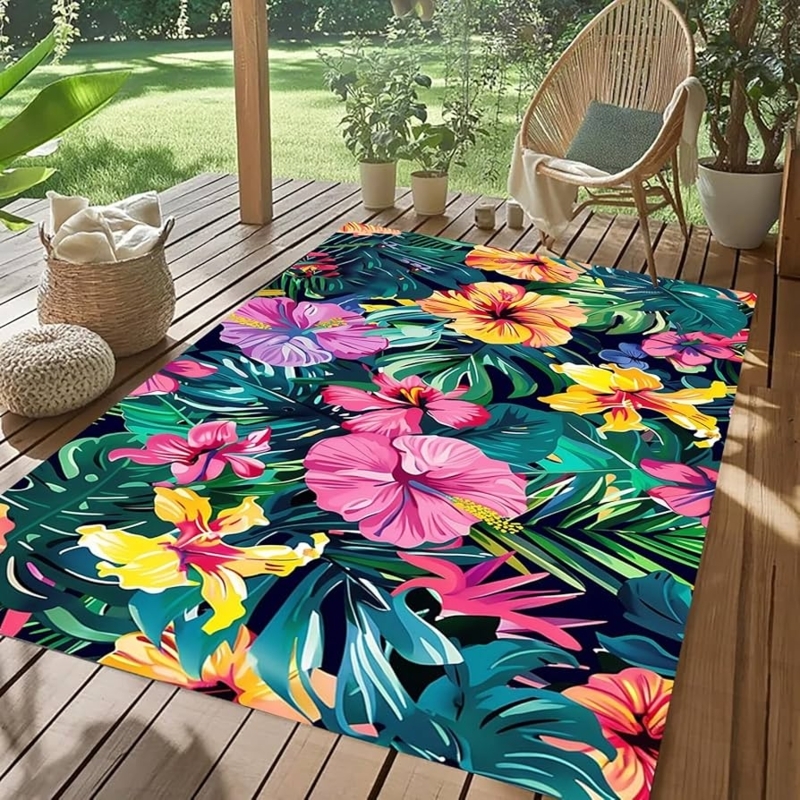 Outdoor Rug Large Scale Tropical Floral Flatwoven Patio Deck Decor