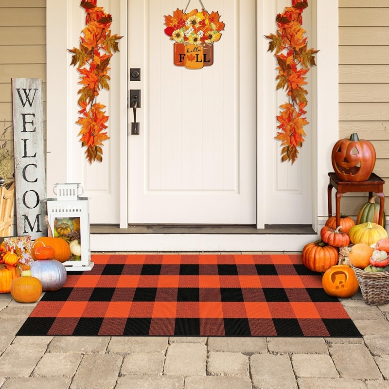 Outdoor Rug Layered Rug Look Orange Black Buffalo Plaid Porch Decor