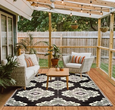 Outdoor Rug Light Blue Geometric Diamond Motif Woven Straw Texture Mat