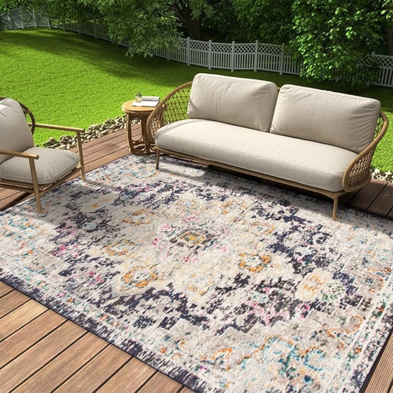 Outdoor Rug: Monstera Leaf Motif, Stain Resistant, Recycled, Green.
