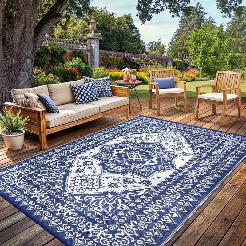 Outdoor Rug Navy Blue White Medallion Reversible Flatweave Deck