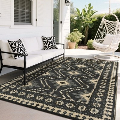 Outdoor Rug Navy Border Distressed Pattern Weather Resistant
