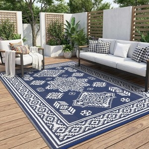 Outdoor Rug: Navy Diamond Lattice, Waterproof, Reversible, 9x18.