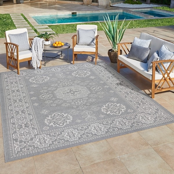 Outdoor Rug Navy Flatwoven with Geometric Border for Patio
