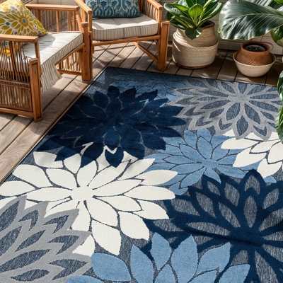 Outdoor Rug Navy Floral High-Low Pile Textured Relief