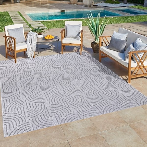 Outdoor Rug Navy Geometric with Dark Border for Patio Lounge